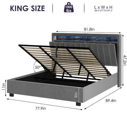 BR10- Luxury Gas Lift Storage Bed with RF LED Lights, Storage Headboard ,King Size ,Velvet Grey - Likeshoppe 
