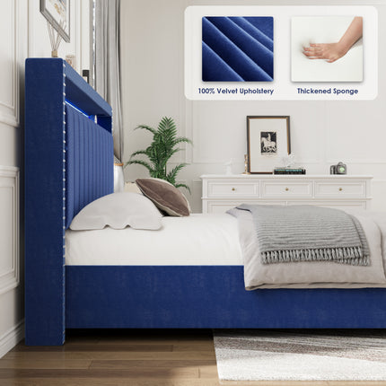 BR6- Luxury Gas Lift Storage Bed with RF LED Lights, Storage Headboard ,FULL Size ,Velvet Blue - Likeshoppe 