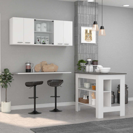 PA4- Norfolk 2 Piece Kitchen Set, Kitchen Island + Upper Wall Cabinet , White /Walnut - Likeshoppe 