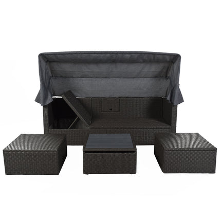 PX2- Outdoor Patio Rectangle Daybed with Retractable Canopy, Wicker Furniture Sectional Seating with Washable Cushions, Backyard, Porch - Likeshoppe 