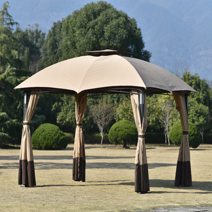 AG3- 10ft W*12ft L Outdoor Double Vents Gazebo Patio Metal Canopy with Screen and LED Lights for Backyard, Poolside, Brown - Likeshoppe 
