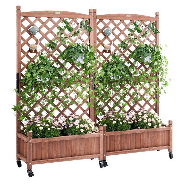 AH4- 2PCS Raised Garden Bed with Trellis, 60"x13"x61.4" Outdoor Raised Wood Planters with Drainage Holes, Free-Standing Trellis Planter Box for Vine Climbing Plants Flowers in Garden, Patio, Balcony - Likeshoppe 