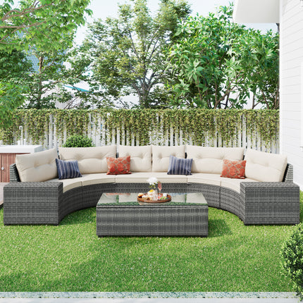 PX13- 8-pieces Outdoor Wicker Round Sofa Set;  Half-Moon Sectional Sets All Weather;  Curved Sofa Set With Rectangular Coffee Table;  PE Rattan Water-resistant and UV Protected;  Movable Cushion - Likeshoppe 