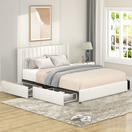 BR9- Anda Queen Size Ivory Boucle Upholstered Platform Bed with Patented 4 Drawers Storage, Tufted Headboard, Wooden Slat Mattress Support, No Box Spring Needed. - Likeshoppe 