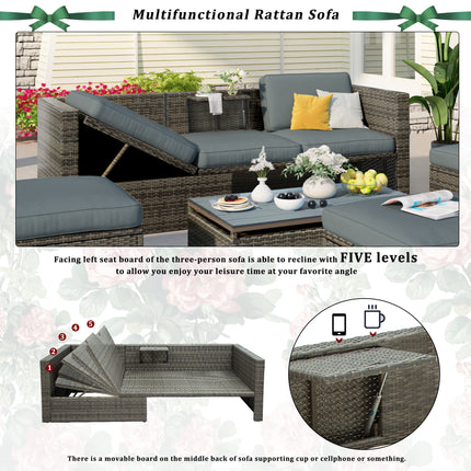 PX9- Patio Furniture Sets;  5-Piece Patio Wicker Sofa with Adustable Backrest;  Cushions;  Ottomans and Lift Top Coffee Table - Likeshoppe 