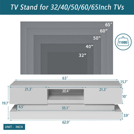 TV11- 63inch WHITE morden TV Stand with LED Lights,high glossy front TV Cabinet,can be assembled in Lounge Room, Living Room or Bedroom,color:WHITE - Likeshoppe 