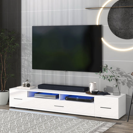 TV13- ON-TREND Extended, Minimalist Design TV stand with Color Changing LED Lights, Modern Universal Entertainment Center, High Gloss TV Cabinet for 90+ inch TV, White - Likeshoppe 