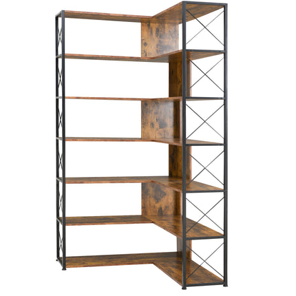 BC2- 7-Tier Bookcase Home Office Bookshelf, L-Shaped Corner Bookcase with Metal Frame, Industrial Style Shelf with Open Storage, MDF Board - Likeshoppe 