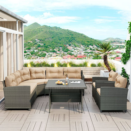 PX14- 6-Piece Outdoor Wicker Sofa Set, Patio Rattan Dinning Set, Sectional Sofa with Thick Cushions and Pillows, Plywood Table Top, For Garden, Yard, Deck - Likeshoppe 