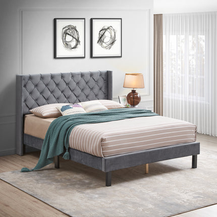 PF6- Velvet Button Tufted-Upholstered Bed with Wings Design - Strong Wood Slat Support - Easy Assembly - Likeshoppe 