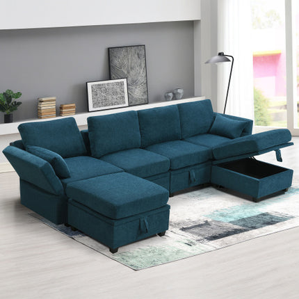 109*54.7\" Chenille Modular Sectional Sofa,U Shaped Couch with Adjustable Armrests and Backrests,6 Seat Reversible Sofa Bed with Storage Seats for Living Room, Apartment,2 Colors - Likeshoppe 