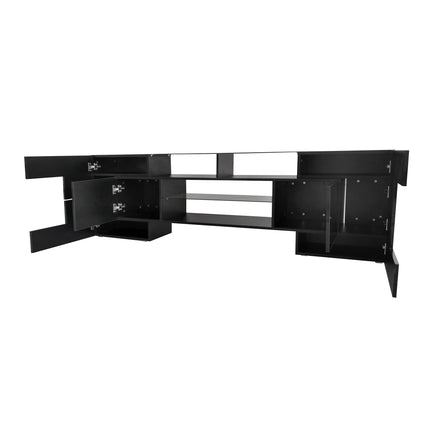 TV15- ON-TREND Unique Shape TV Stand with 2 Illuminated Glass Shelves, High Gloss Entertainment Center for TVs Up to 80", Versatile TV Cabinet with LED Color Changing Lights for Living Room, Black - Likeshoppe 