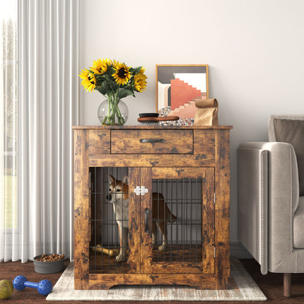 AB7- Furniture Style Dog Crate End Table with Drawer;  Pet Kennels with Double Doors;  Dog House Indoor Use; Rustic brown. - Likeshoppe 