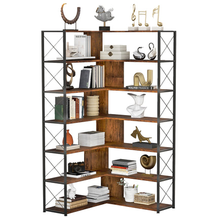 BC2- 7-Tier Bookcase Home Office Bookshelf, L-Shaped Corner Bookcase with Metal Frame, Industrial Style Shelf with Open Storage, MDF Board - Likeshoppe 