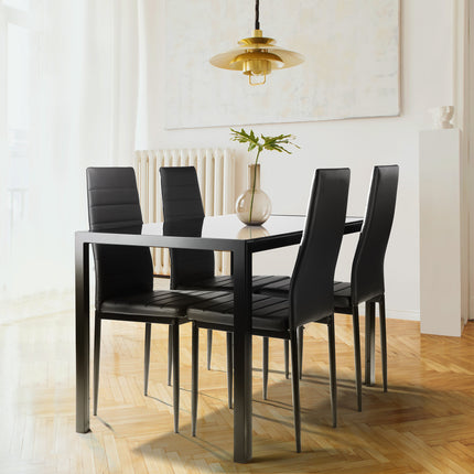 DS4- 5 Pieces Dining Table Set for 4; Kitchen Room Tempered Glass Dining Table ; 4 Faux Leather Chairs - Likeshoppe 