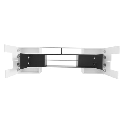 TV12- ON-TREND Unique Shape TV Stand with 2 Illuminated Glass Shelves, High Gloss Entertainment Center for TVs Up to 88", Versatile TV Cabinet with LED Color Changing Lights for Living Room, Black&White - Likeshoppe 