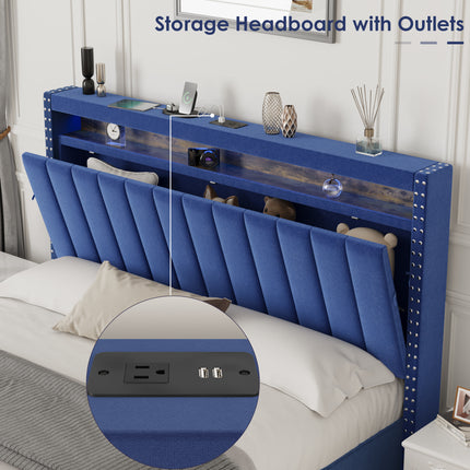BR6- Luxury Gas Lift Storage Bed with RF LED Lights, Storage Headboard ,FULL Size ,Velvet Blue - Likeshoppe 