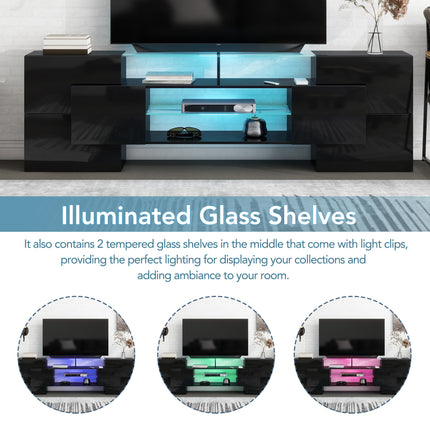 TV15- ON-TREND Unique Shape TV Stand with 2 Illuminated Glass Shelves, High Gloss Entertainment Center for TVs Up to 80", Versatile TV Cabinet with LED Color Changing Lights for Living Room, Black - Likeshoppe 