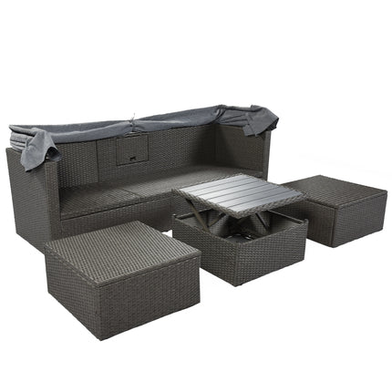 PX2- Outdoor Patio Rectangle Daybed with Retractable Canopy, Wicker Furniture Sectional Seating with Washable Cushions, Backyard, Porch - Likeshoppe 