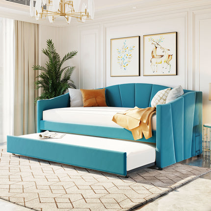 U3-Upholstered Daybed Sofa Bed Twin Size With Trundle Bed and Wood Slat - Likeshoppe 