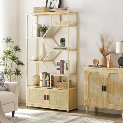 BC3- Rattan bookshelf 5 tiers Bookcases Storage Rack with cabinet for Living Room Home Office - Likeshoppe 