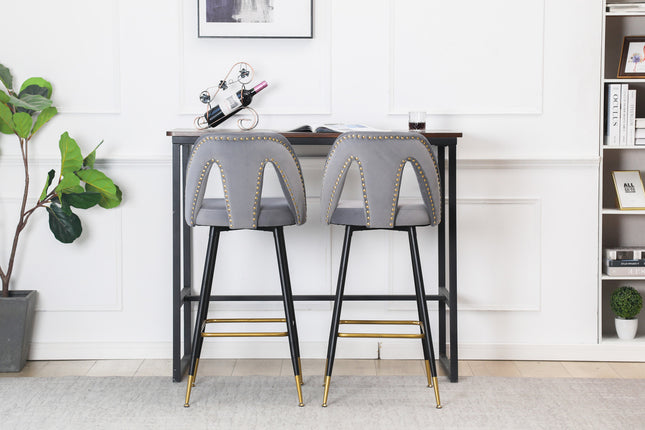 BS6- Collection Modern | Contemporary Velvet Upholstered  28\\" Bar Stool & Counter Stools with Nailheads and Gold Tipped Black Metal Legs,Set of 2 - Likeshoppe 