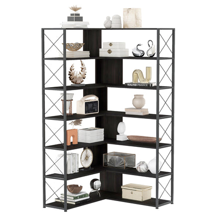 BC2- 7-Tier Bookcase Home Office Bookshelf, L-Shaped Corner Bookcase with Metal Frame, Industrial Style Shelf with Open Storage, MDF Board - Likeshoppe 
