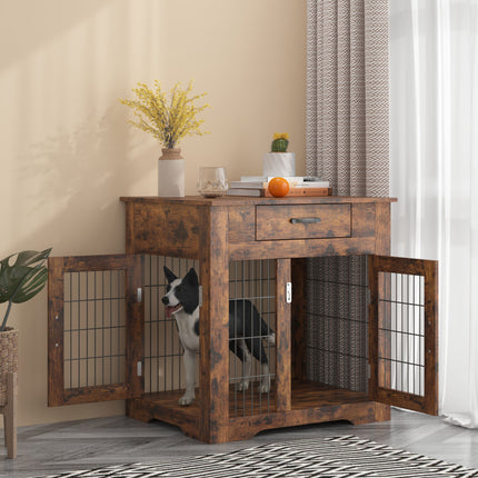 AB7- Furniture Style Dog Crate End Table with Drawer;  Pet Kennels with Double Doors;  Dog House Indoor Use; Rustic brown. - Likeshoppe 