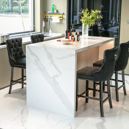 BS1- (Set of 2) Contemporary Velvet Upholstered Barstools with Button Tufted Decoration and Wooden Legs;  and Chrome Nailhead Trim;  Leisure Style Bar Chairs; Bar stools;  Set of 2 - Likeshoppe 