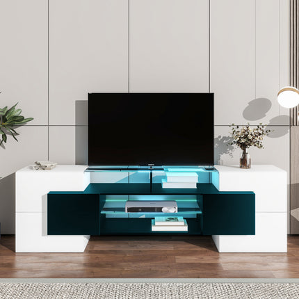 TV12- ON-TREND Unique Shape TV Stand with 2 Illuminated Glass Shelves, High Gloss Entertainment Center for TVs Up to 88", Versatile TV Cabinet with LED Color Changing Lights for Living Room, Black&White - Likeshoppe 
