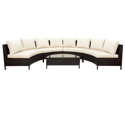 PX16- 5 Pieces All-Weather Brown PE Rattan Wicker Sofa Set Outdoor Patio Sectional Furniture Set Half-Moon Sofa Set with Tempered Glass Table - Likeshoppe 