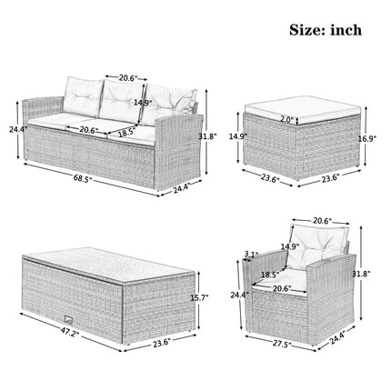 PX19- (6-piece All-Weather Wicker) PE rattan Patio Outdoor Dining Conversation Sectional Set with coffee table, wicker sofas, ottomans, removable cushions - Likeshoppe 