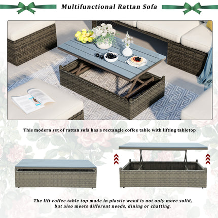 PX9- Patio Furniture Sets;  5-Piece Patio Wicker Sofa with Adustable Backrest;  Cushions;  Ottomans and Lift Top Coffee Table - Likeshoppe 