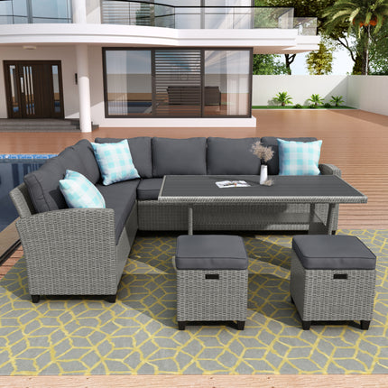 PX18- Patio Furniture Set;  5 Piece Outdoor Conversation Set;  Dining Table Chair with Ottoman and Throw Pillows - Likeshoppe 