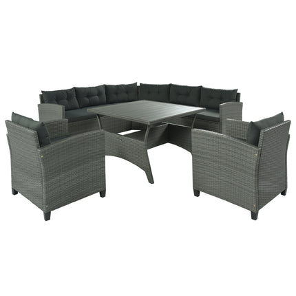 PX14- 6-Piece Outdoor Wicker Sofa Set, Patio Rattan Dinning Set, Sectional Sofa with Thick Cushions and Pillows, Plywood Table Top, For Garden, Yard, Deck - Likeshoppe 