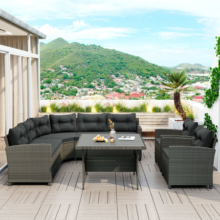 PX14- 6-Piece Outdoor Wicker Sofa Set, Patio Rattan Dinning Set, Sectional Sofa with Thick Cushions and Pillows, Plywood Table Top, For Garden, Yard, Deck - Likeshoppe 
