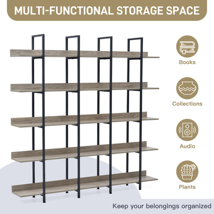 BC1- 5 Tier Bookcase Home Office Open Bookshelf, Vintage Industrial Style Shelf with Metal Frame, MDF Board - Likeshoppe 