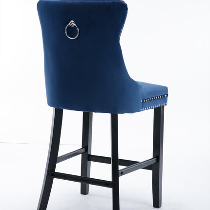 BS2- Furniture; Contemporary Velvet Upholstered Barstools with Button Tufted Decoration and Wooden Legs;  and Chrome Nailhead Trim;  Leisure Style Bar Chairs; Bar stools;  Set of 2 - Likeshoppe 