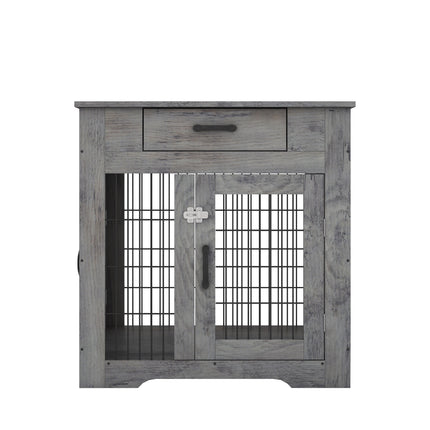 PE9- Furniture Style Dog Crate End Table with Drawer, Pet Kennels with Double Doors, Dog House Indoor Use, Weathered Grey - Likeshoppe 