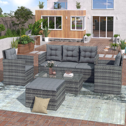 PX1- 5-piece Outdoor UV-Resistant Patio Sofa Set with Storage Bench All Weather PE Wicker Furniture Coversation Set with Glass Table, Gray - Likeshoppe 