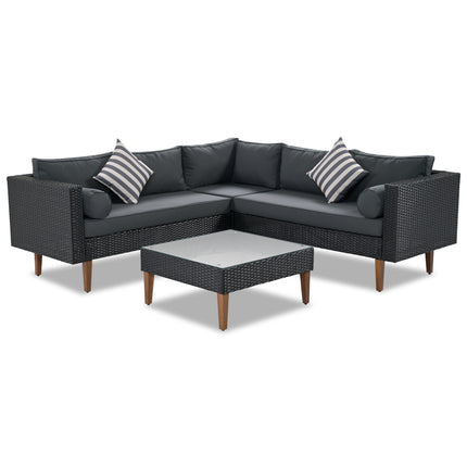 PX6- 4-pieces Outdoor Wicker Sofa Set;  Patio Furniture with Colorful Pillows;  L-shape sofa set;  Gray cushions and Black Rattan - Likeshoppe 