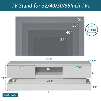 TV23- 51.18inch WHITE morden TV Stand with LED Lights,high glossy front TV Cabinet,can be assembled in Lounge Room, Living Room or Bedroom,color:WHITE - Likeshoppe 