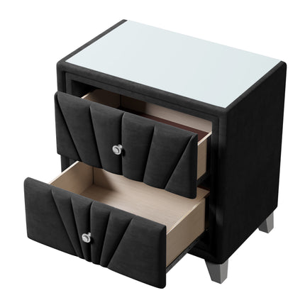 PE8- Contemporary Velvet Upholstered Glass Top Nightstand End table with Two Drawers Gray Solid Wood - Likeshoppe 