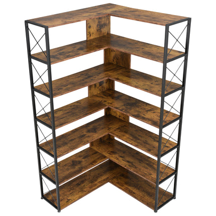 BC2- 7-Tier Bookcase Home Office Bookshelf, L-Shaped Corner Bookcase with Metal Frame, Industrial Style Shelf with Open Storage, MDF Board - Likeshoppe 