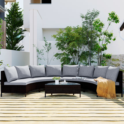 PX16- 5 Pieces All-Weather Brown PE Rattan Wicker Sofa Set Outdoor Patio Sectional Furniture Set Half-Moon Sofa Set with Tempered Glass Table - Likeshoppe 