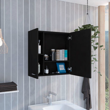 PU5- Kenya Medicine Cabinet, Mirror, Double Door, Four Interior Shelves, Black - Likeshoppe 