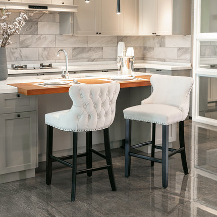 BS4- Contemporary Velvet Upholstered Wing-Back Barstools with Button Tufted Decoration and Wooden Legs;  and Chrome Nailhead Trim;  Leisure Style Bar Chairs; Bar stools;  Set of 2 - Likeshoppe 