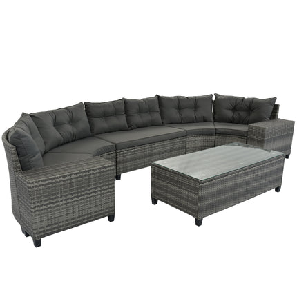 PX13- 8-pieces Outdoor Wicker Round Sofa Set;  Half-Moon Sectional Sets All Weather;  Curved Sofa Set With Rectangular Coffee Table;  PE Rattan Water-resistant and UV Protected;  Movable Cushion - Likeshoppe 