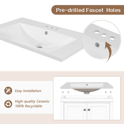 PT7- 30" Bathroom Vanity with Sink;  Combo;  Cabinet with Doors and Drawer;  Solid Frame and MDF Board;  White - Likeshoppe 