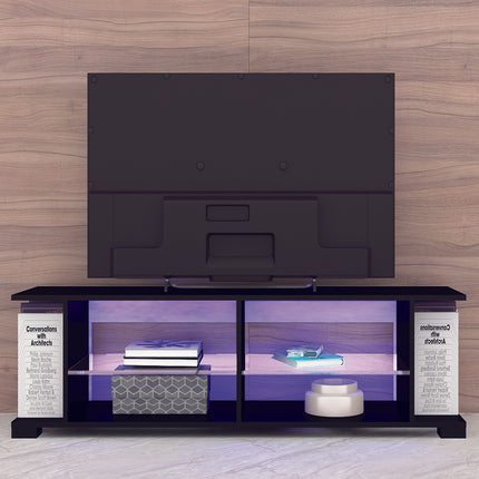 TV27- TV Stand for 32-60 Inch TVs Modern Low Profile Black+Stone Grey Entertainment Center with LED Lights 57 Inch Small TV Console Media Table with Glass Shelves and Hidden Side Bookshelf for Living Room - Likeshoppe 